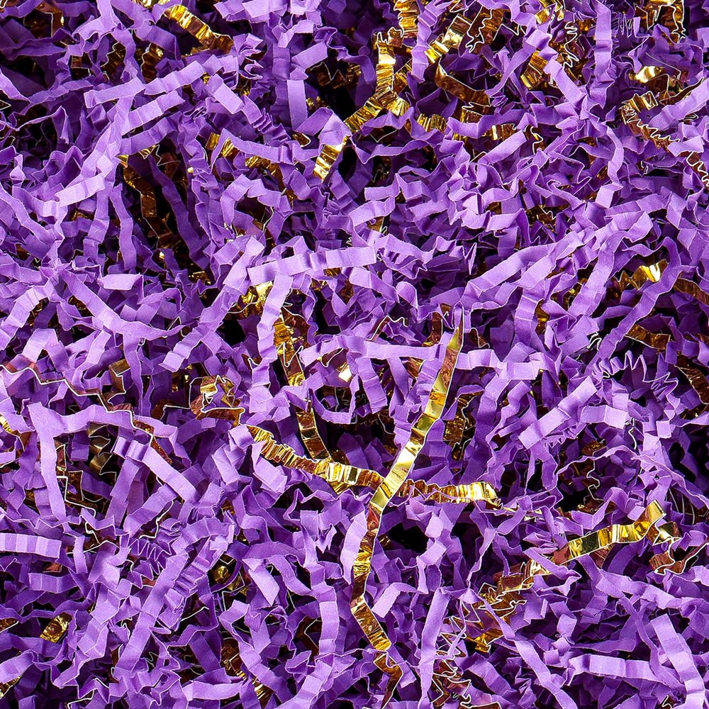 Outus 0.5 LB Purple Gold Crinkle Cut Paper Shred Filler Metallic Shredded Papers Confetti Gift Box Basket Crinkle Paper Filler Packing Grass Cushion Shredded Tissue Stuffing Christmas Birthday Wrap
