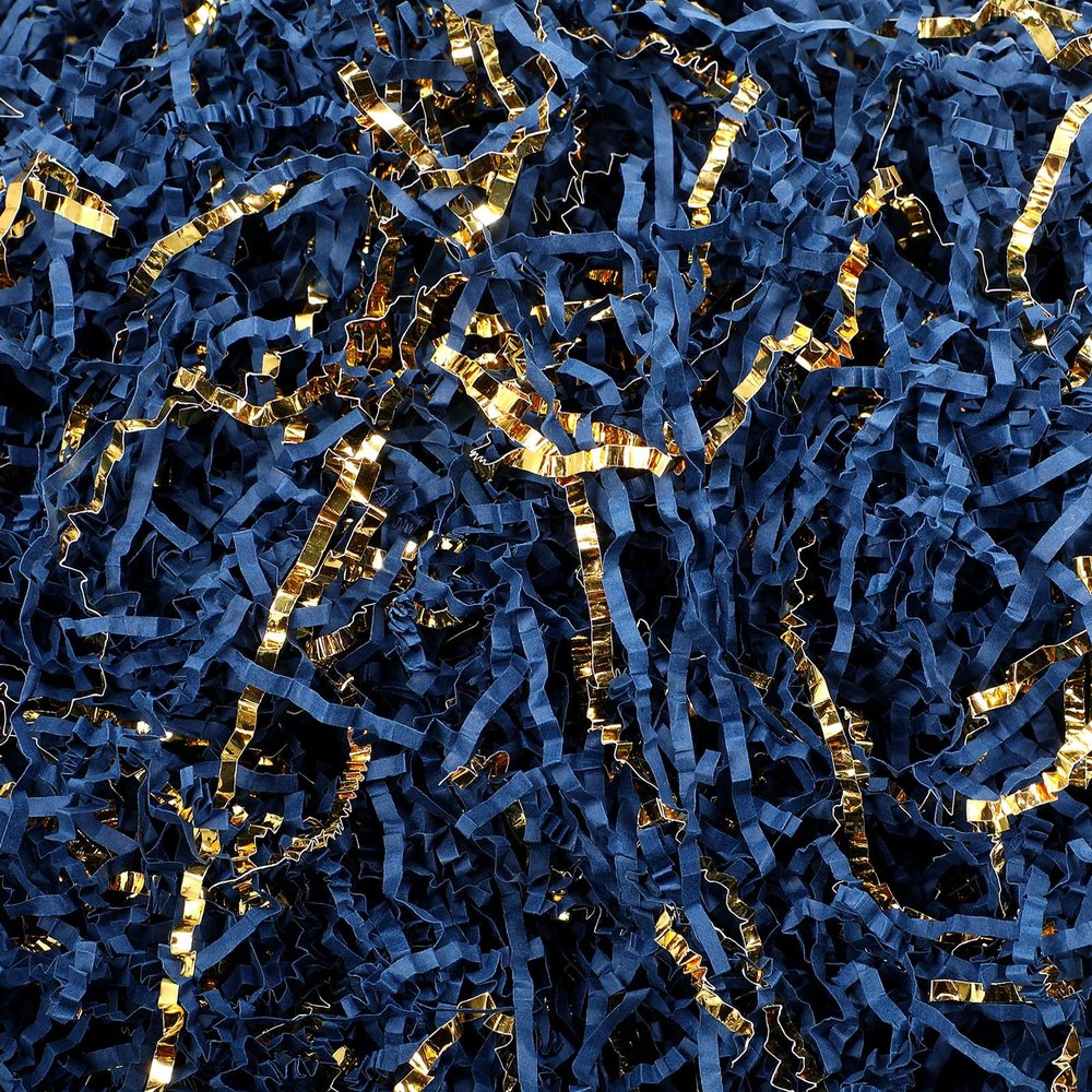 Outus 0.5 lb Blue Gold Crinkle Cut Paper Shred Filler Metallic Shredded Papers Confetti Gift Box Basket Crinkle Paper Filler Packing Tissue 250 Anniversary Birthday Graduation United States Wrapping