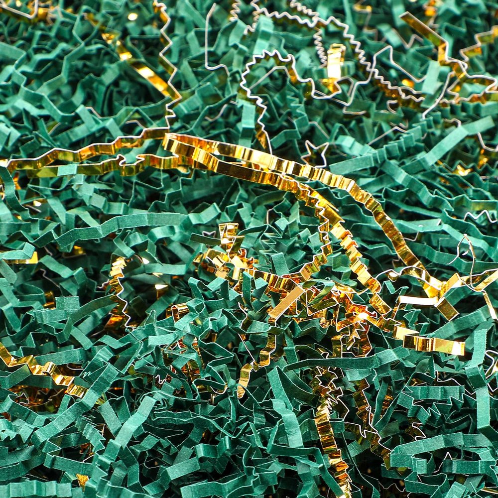 Outus 2 LB Green Gold Crinkle Cut Paper Shred Filler Metallic Shredded Papers Confetti Gift Boxes Basket Crinkle Paper Filler Packing Grass Cushion Shredded Tissue Stuffing Christmas Birthday Wrapping