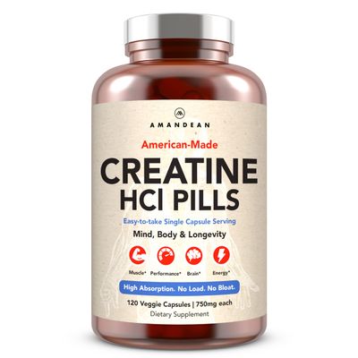 AMANDEAN Creatine HCl Pills. American Made CON-CRET. 120 Capsules. 7X Concentrated vs Monohydrate Powder. No Bloat. Muscle, Energy, Cognitive, Recovery Support for Men & Women. Gluten Free, Non-GMO.