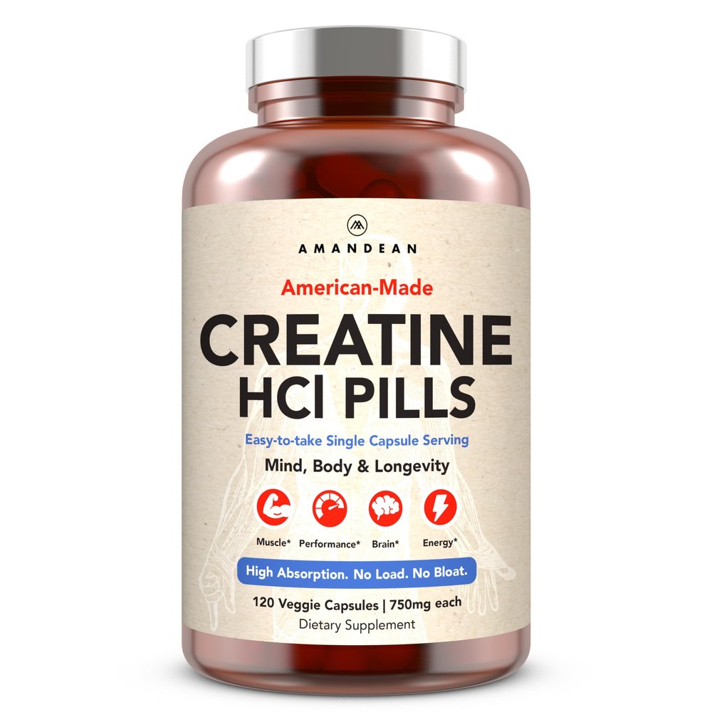 AMANDEAN Creatine HCl Pills. American Made CON-CRET. 120 Capsules. 7X Concentrated vs Monohydrate Powder. No Bloat. Muscle, Energy, Cognitive, Recovery Support for Men & Women. Gluten Free, Non-GMO.