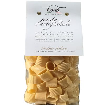 Conte Mezze Maniche Pasta - Imported from Italy, 500g (1 lb) - Artisanal Durum Wheat Blend - High Protein, Low Ash - Golden Yellow Grain - Impurity-free Water - Static Drying