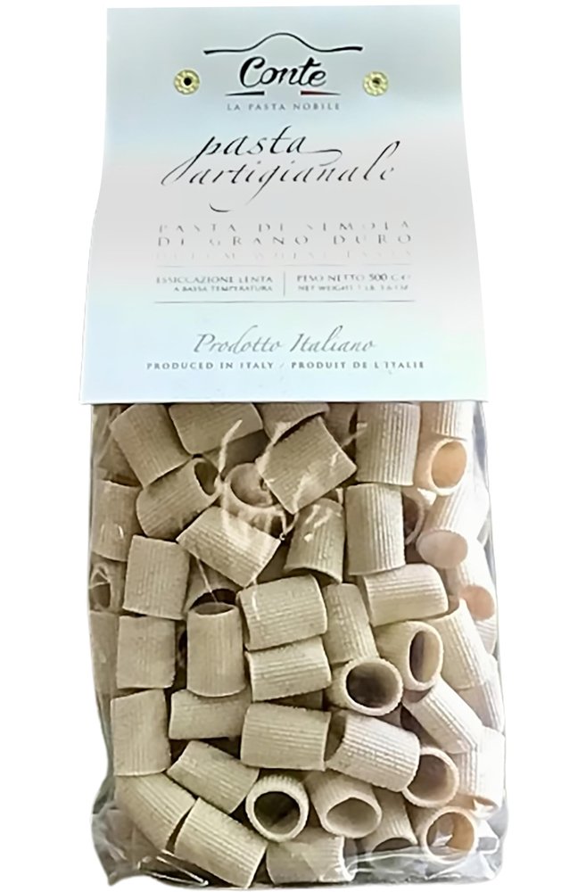 Conte Mezze Rigatoni Whole Wheat Pasta - Imported from Italy, 500g - Artisanal Pasta, Select Durum Wheat Blends, High Protein, Low Ash - Golden Yellow Grain Color, Impurity-Free Water - Static Drying