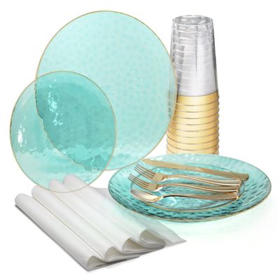 " OCCASIONS " 320pcs set (40 Guests)-Heavyweight Wedding Party Disposable Plastic Plate Set -40 x 10'' + 40 x 7'' + Silverware + Cups + Napkins (Coastal Clear Blue & Gold)