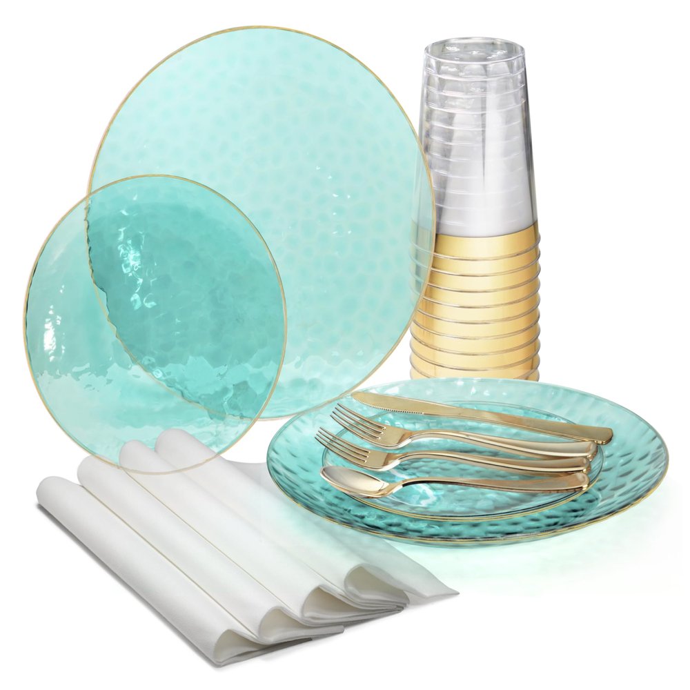 " OCCASIONS " 320pcs set (40 Guests)-Heavyweight Wedding Party Disposable Plastic Plate Set -40 x 10'' + 40 x 7'' + Silverware + Cups + Napkins (Coastal Clear Blue & Gold)