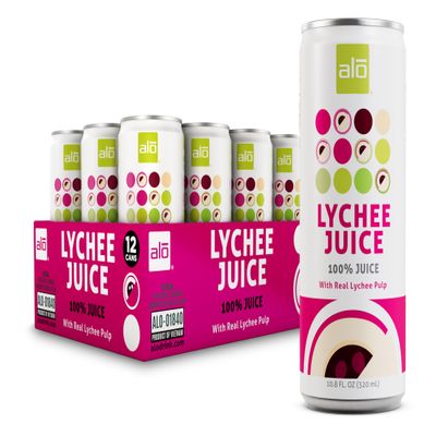 ALO Slim Can Juice, Lychee with Real Fruit Pulp| 10.82 fl oz, Pack of 12 | Plant-Based Beverage, 100% Natural Juice