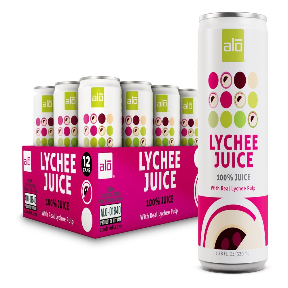 ALO Slim Can Juice, Lychee with Real Fruit Pulp| 10.82 fl oz, Pack of 12 | Plant-Based Beverage, 100% Natural Juice