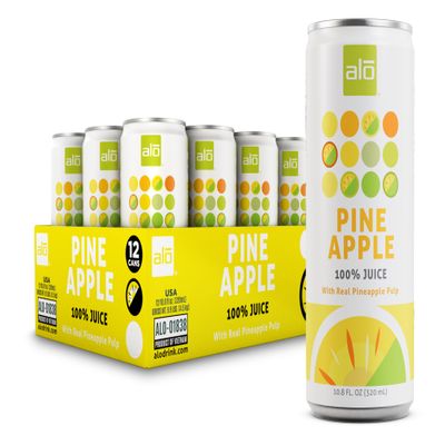 ALO Slim Can Juice, Pineapple with Real Fruit Pulp| 10.82 fl oz, Pack of 12 | Plant-Based Beverage, 100% Natural Juice