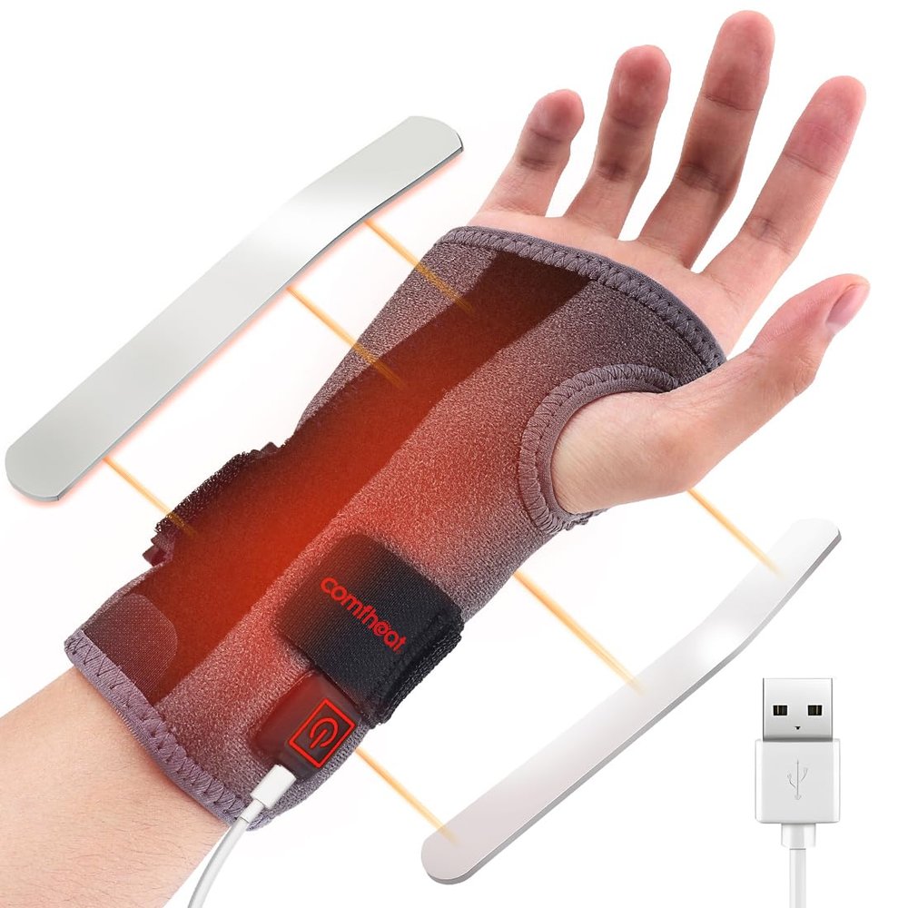 Comfheat Heated Wrist Brace for Arthritis and Carpal Tunnel Relief, Wrist Heating Pad Wrap with Splint Support, Hot Compress for Sprain, Tendonitis Pain Relief - Left Right Hand