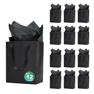 Aosric 12 Pack 8x5x10 Black Gift Bags with Ribbon Handles, Medium Sturdy & Reusable Premium Paper Bags for Boutique Gift, Christmas, Baby Shower, Birthday, Wedding, Party Favors, and Shopping
