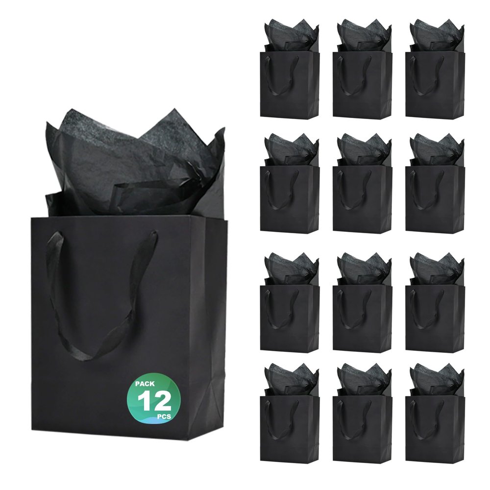 Aosric 12 Pack 8x5x10 Black Gift Bags with Ribbon Handles, Medium Sturdy & Reusable Premium Paper Bags for Boutique Gift, Christmas, Baby Shower, Birthday, Wedding, Party Favors, and Shopping