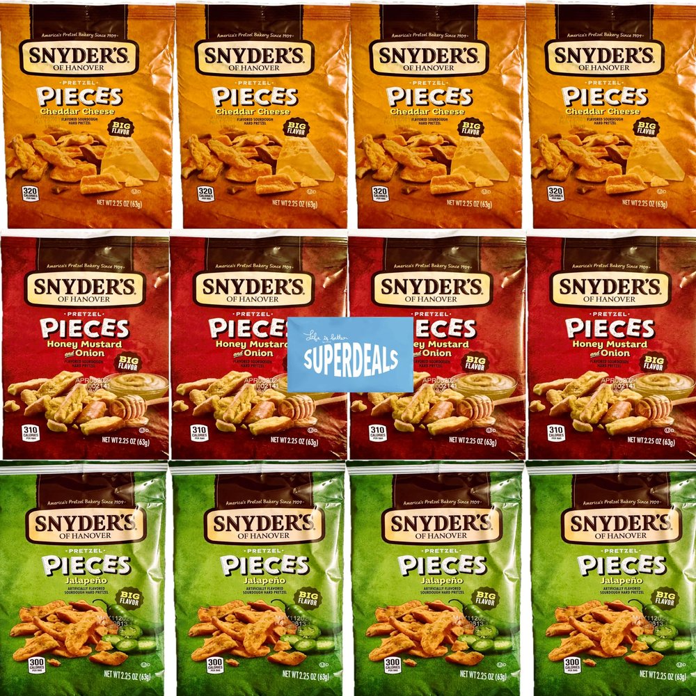 Snyder's of Hanover Pretzel Pieces, Variety 12 Pack bundled by SUPERDEALS 4 Cheddar Cheese, 4 Honey Mustard and Onion, 4 Jalapeno Pretzels, 2.25 oz each bag, total 27 Ounces with mystery gift in every order