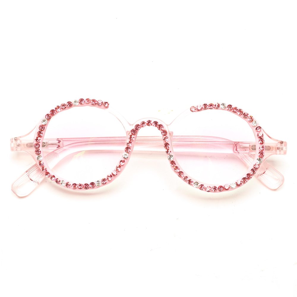 Retro Round Diamond Reading Glasses for Women Stylish Bling Rhinestone Anti Blue Light Computer Readers (pink/clear, 1.0, x)