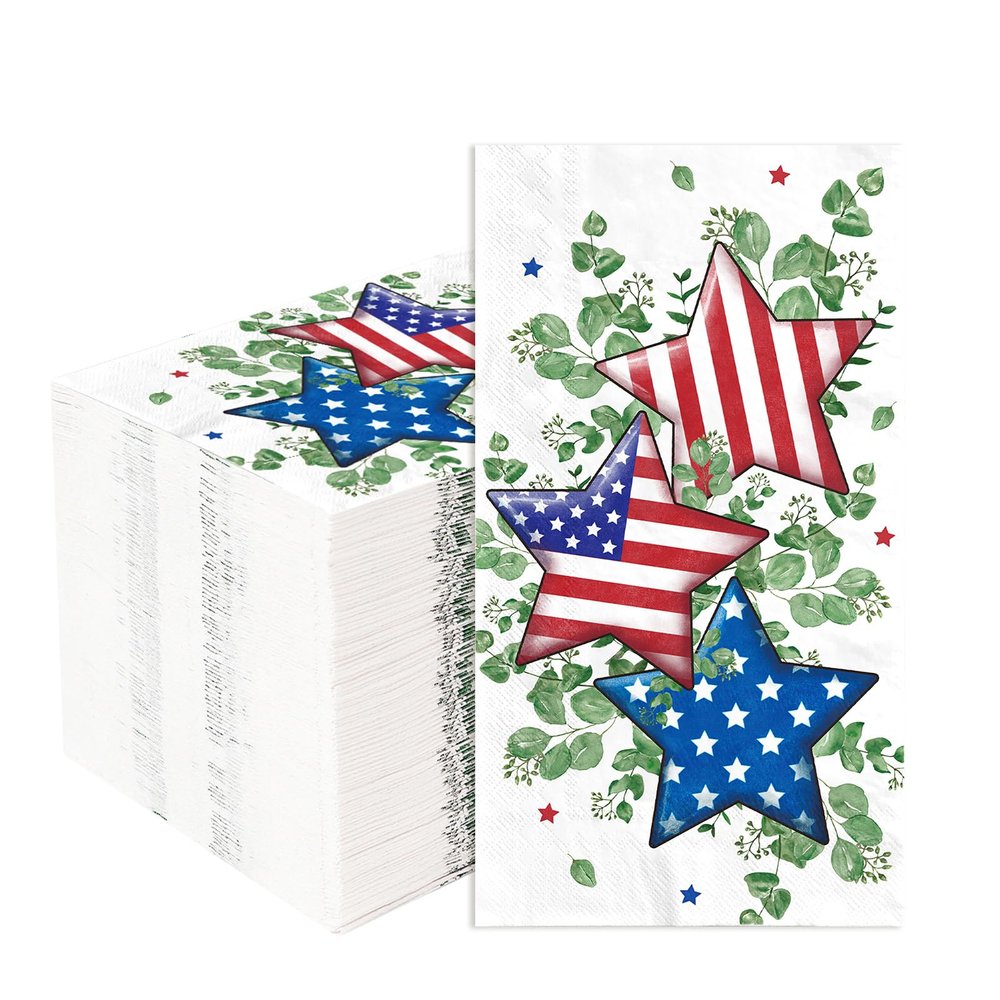 100Pcs Patriotic Paper Napkins 3 Ply American Flag Star Eucalyptus Disposable Absorbent Hand Towels 4th of July Red White Blue Dinner Guest Napkin for Memorial Independence Day Holiday Party Supplies