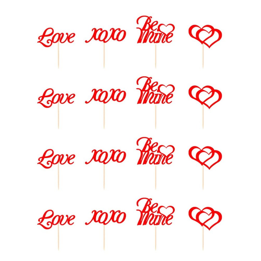 Amosfun 24pcs Valentine Day Cake Toppers Love Themed Cupcake Decorations for Weddings and Parties and Material Unique Design for Special Occasions Random Style