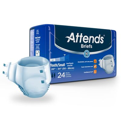 Attends Youth Incontinence Disposable Briefs, Youth/Small, 20"-34" Waist with Tab Closure, Heavy Absorbency with Super Absorbent Core and Breathable Side Panels, 96ct Case