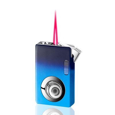Butane Soft Flame, Led Butane Torch Lighter with Viewing Window, Windproof Red Flame Lighter, Refillable (No Gas) (Dark Blue)