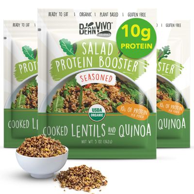 BeanVIVO 3-Pack Salad Protein Booster - Organic Lentils & Quinoa, fully cooked and seasoned, delivering a burst of taste and 10g of protein-packed goodness in every pouch 5oz