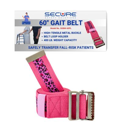Secure Safety Solutions Gait Belt for Seniors 60, Pink Leopard - Quick Release Metal Buckle - Transfer Walking Gate Lift Assist Elderly PT Physical Therapy