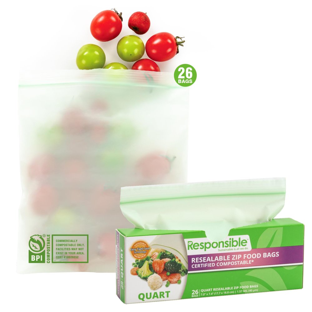 Responsible Products Certified Compostable QUART Resealable Zip Bag, Extra Strength Food Bags, Plant-Based Freezer-Safe (26 Pack)