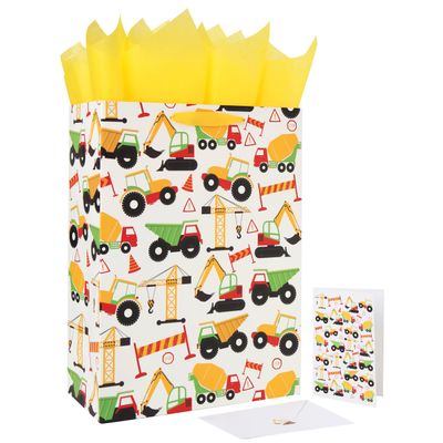 16.5 Extra Large Vehicle-themed Gift Bags Set with Greeting Card and Tissue Paper (Yellow Car Design) for boys, Kids Birthday Party, Baby boy, Baby Shower, Newborn, New Moms or Parents -