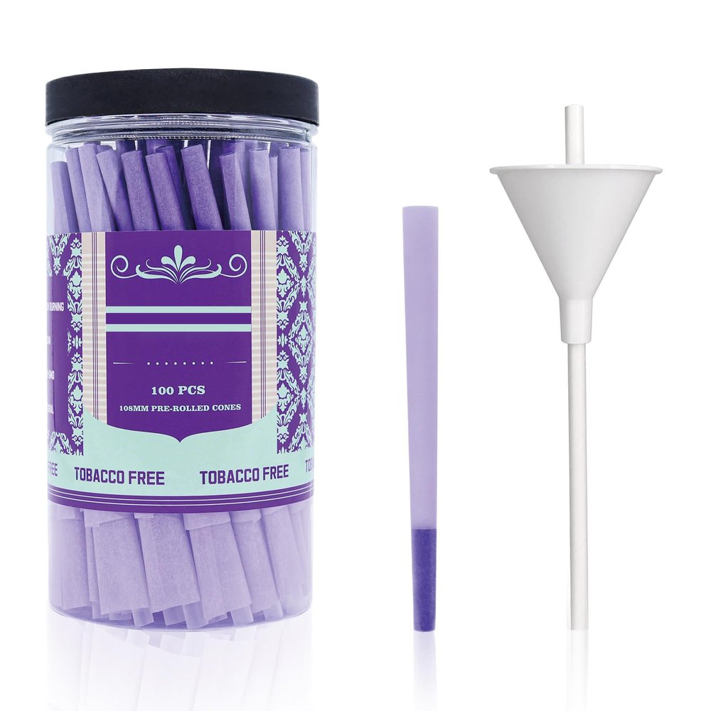 100 PACK Purple Pre Rolled Cones| King Size Rolling Paper Cone 108 MM with Loader and Packing Sticks