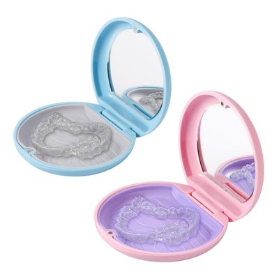 2 Pack Retainer Case with Mirror, Slim Pink Retainer Case, Convenient Orthodontic Case for Teenage/Adult, Fit for Invisalign/Mouth Guard/Night Guard/Denture, Easy Store with Remover Tool, Chew, Brush