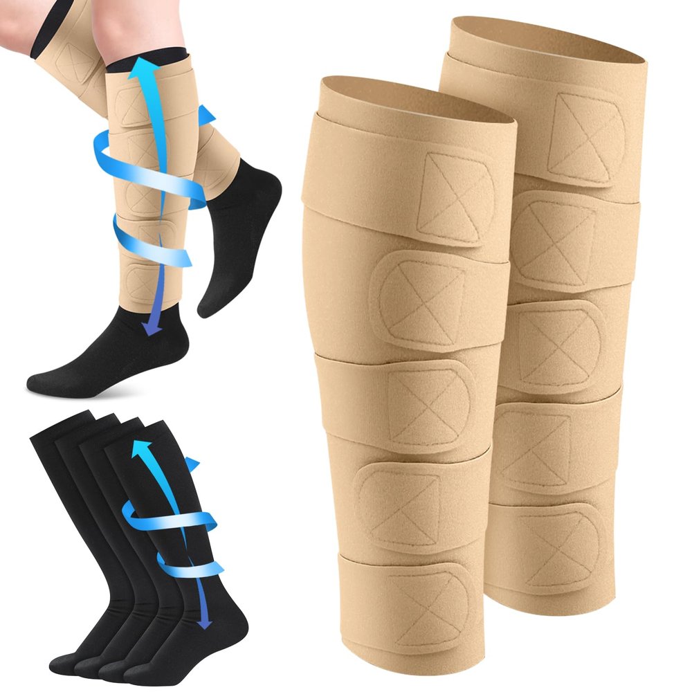 Floraltop 3 Pairs Lymphedema Compression Leg Wraps Adjustable Leg 20-30 Mmhg Medical Shin Splint Wrap for Heaviness Fatigue(Nude and Black)