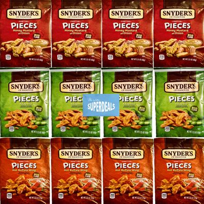 Snyder's of Hanover Pretzel Pieces, Variety 12 Pack bundled by SUPERDEALS 4 Honey Mustard and Onion, 4 Jalapeno, 4 Hot Buffalo Wing Pretzels, 2.25 Oz each bag, total 27 Ounces with mystery gift in every order