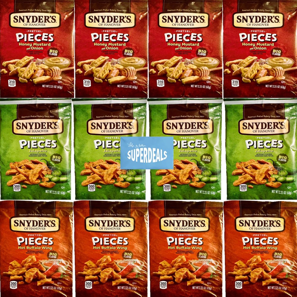 Snyder's of Hanover Pretzel Pieces, Variety 12 Pack bundled by SUPERDEALS 4 Honey Mustard and Onion, 4 Jalapeno, 4 Hot Buffalo Wing Pretzels, 2.25 Oz each bag, total 27 Ounces with mystery gift in every order