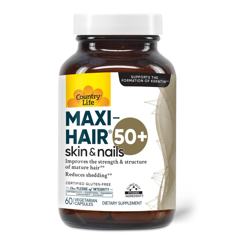 Country Life Maxi-Hair 50+  Biotin-Based Hair, Skin & Nails Supplement for Women & Men Over 50 | Supports Healthy Hair Growth & Reduced Shedding | Certified Gluten-Free & Vegetarian | 60 Capsules