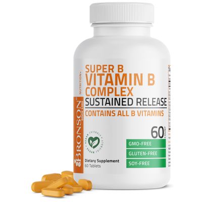 Bronson Super B Vitamin B Complex Sustained Slow Release (Vitamin B1, B2, B3, B6, B9 - Folic Acid, B12) Contains All B Vitamins 60 Tablets