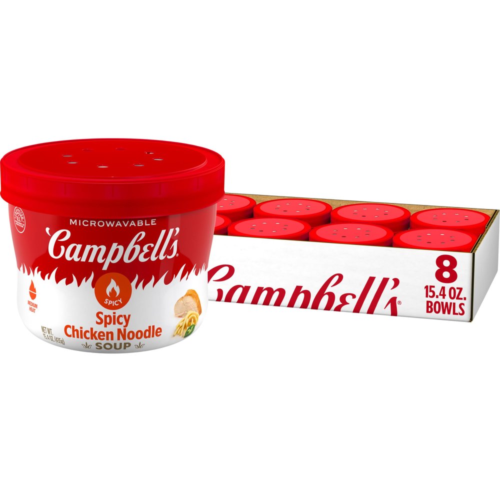 Campbells Spicy Chicken Noodle Soup, 15.4 oz Microwavable Bowl (8 Pack)