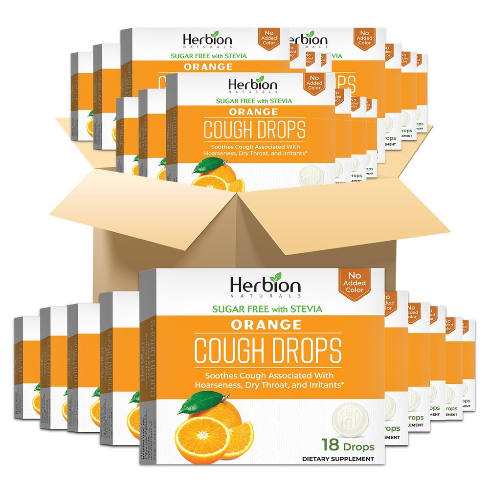 HERBION Naturals Cough Drops, Sugar-Free with Stevia, Dietary Supplement, Soothes Cough, for Adults & Children Over 6 Years, 18 Drops Each (Pack of 48, Orange)