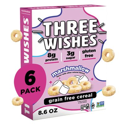 Three Wishes Grain-Free & Protein Cereal - Healthy, Low Sugar & Gluten-Free Breakfast Cereal - Low Carb, Plant-Based, Vegan & Non-GMO - Marshmallow, 6-Pack