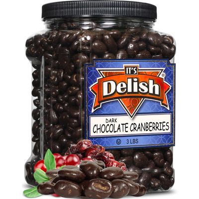 Dark Chocolate Covered Cranberries by Its Delish, 3 LBS Jumbo Container | Gourmet Dark Chocolate Cranberries, Healthy Snacks Chocolate Fruit | USA Made, Vegan, Kosher