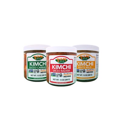 BINGGRE KIMCHI TRIO SAMPLER NAPA CABBAGE FRESH KOREAN KIMCHEE IN KIM CHI kimichi MOTHER MILD CHEE TEMPEH DAIKON PICKLES WHITE RADISH TWINS JONGGA RAMEN ORGANIC VEGAN NAPPA LAWS MAMA