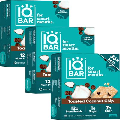 IQBAR Brain and Body Clean Plant Protein Bars - Toasted Coconut Chip - 36 Bars - Keto, Vegan, High Fiber, Gluten and Dairy Free, Low Sugar Snack with Nutrients for Focus, Energy, Meal Replacement