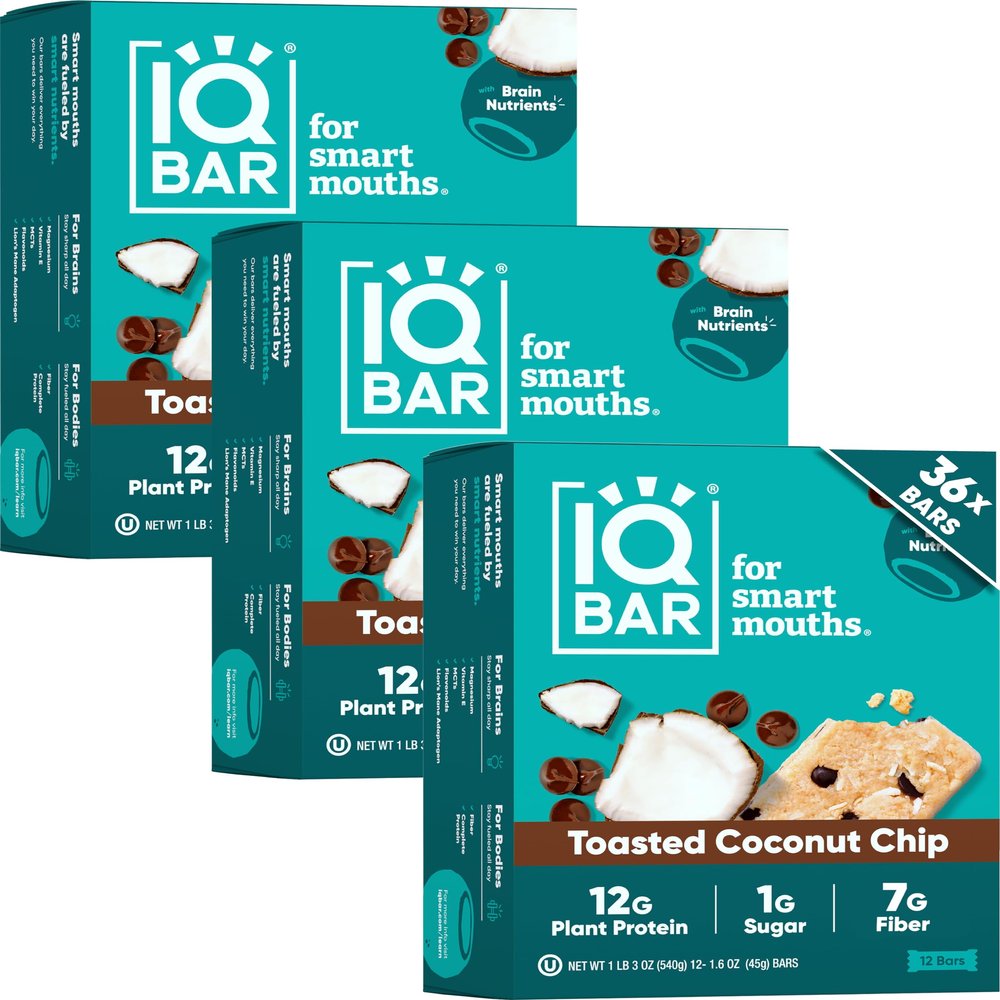 IQBAR Brain and Body Clean Plant Protein Bars - Toasted Coconut Chip - 36 Bars - Keto, Vegan, High Fiber, Gluten and Dairy Free, Low Sugar Snack with Nutrients for Focus, Energy, Meal Replacement