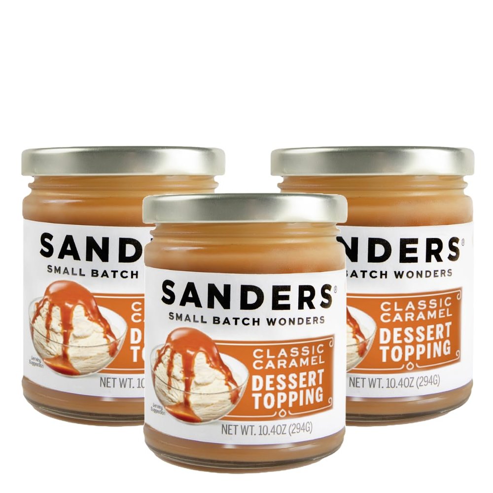 Sanders Caramel Topping 10oz Jar (3-Pack) - Premium Ice Cream Topping, Gluten-Free Caramel Sauce - Perfect for Apple Pies, Ice Cream and More - New Wider Jar