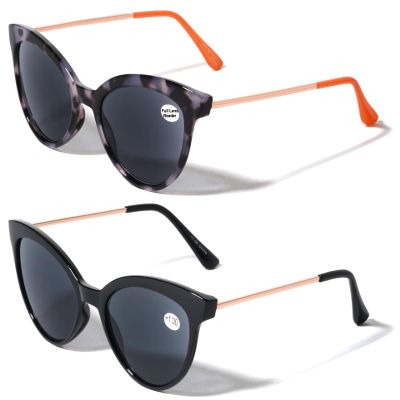 V.W.E. 2 Pairs Women Outdoor Reading Sunglasses Full Tinted Reader Glasses Cateye Vintage Black Tortoise (1 Grey 1 Black, 1.75)