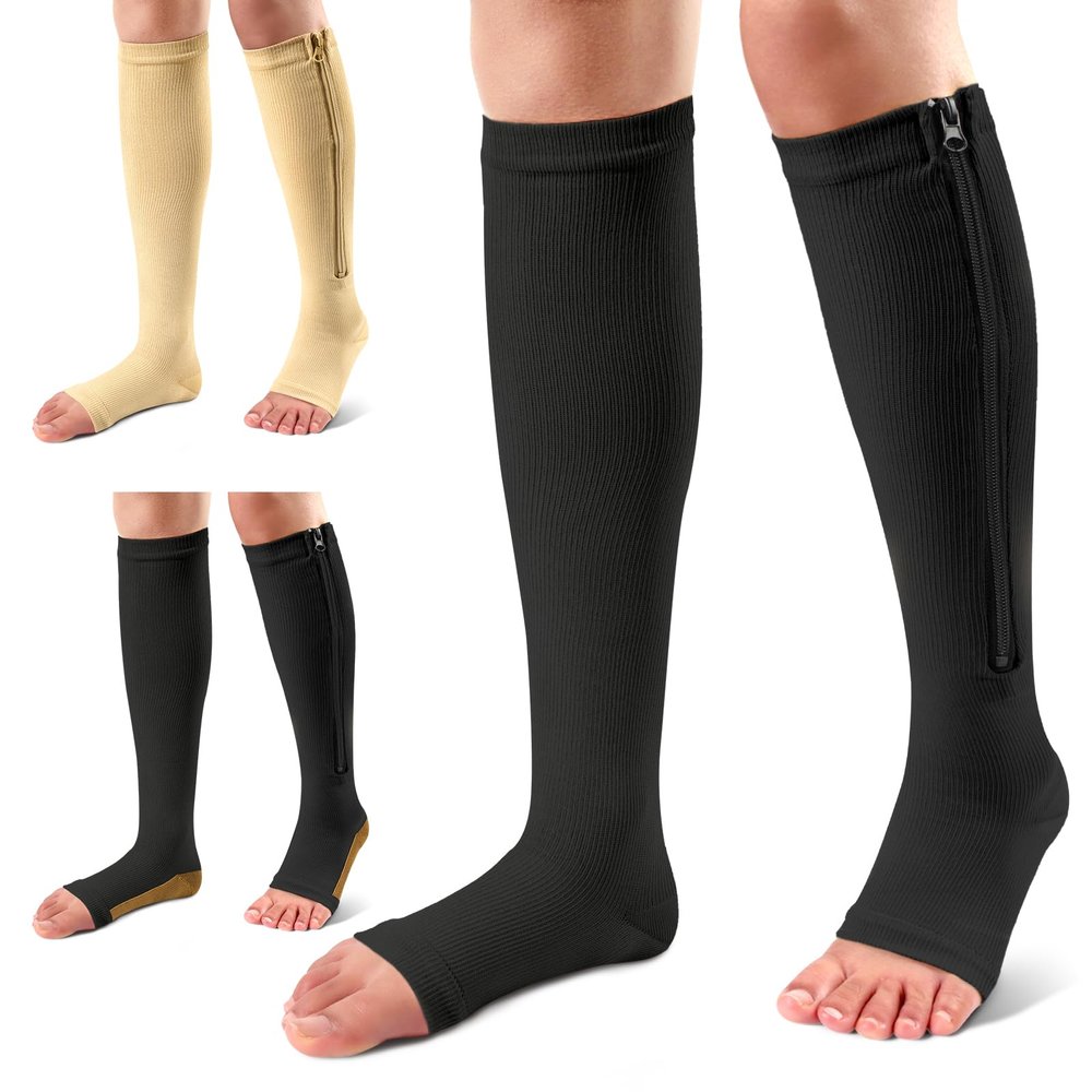 Ailaka 3 Pairs Compression Socks with Zipper, 15-20 mmHg Medical Knee High Compression Socks for Men Women, Open Toe Socks for Varicose Veins, Edema, Recovery, Black+beige+black Copper