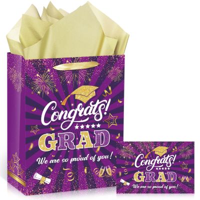 1Pc Purple Gold Graduation Gift Bag with Tissue Paper and Cards 13'' Purple Gold Congrats Grad Gift Wrapping Bag Treat Bag Class of 2025 Graduation Gift Favors Bag for Senior Junior College Graduates