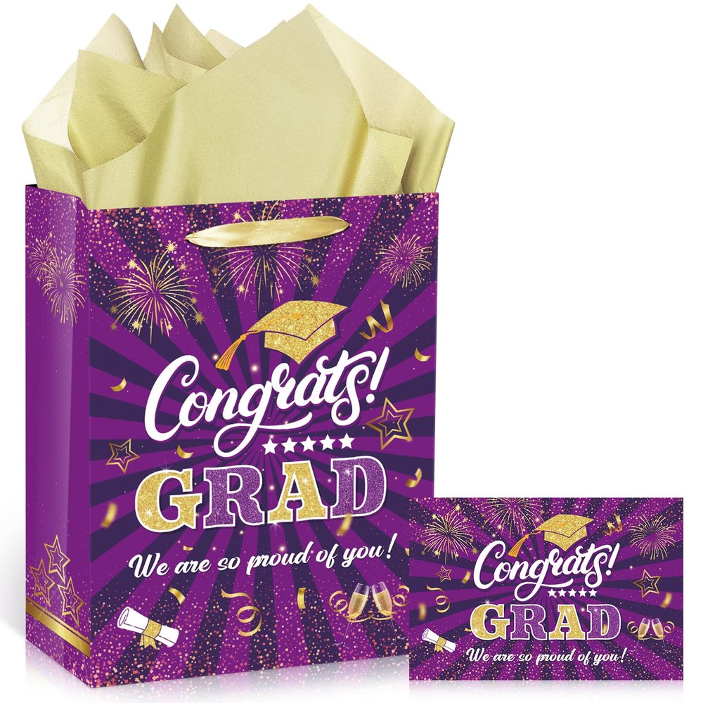 1Pc Purple Gold Graduation Gift Bag with Tissue Paper and Cards 13'' Purple Gold Congrats Grad Gift Wrapping Bag Treat Bag Class of 2025 Graduation Gift Favors Bag for Senior Junior College Graduates