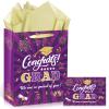 1Pc Purple Gold Graduation Gift Bag with Tissue Paper and Cards 13'' Purple Gold Congrats Grad Gift Wrapping Bag Treat Bag Class of 2025 Graduation Gift Favors Bag for Senior Junior College Graduates view 1