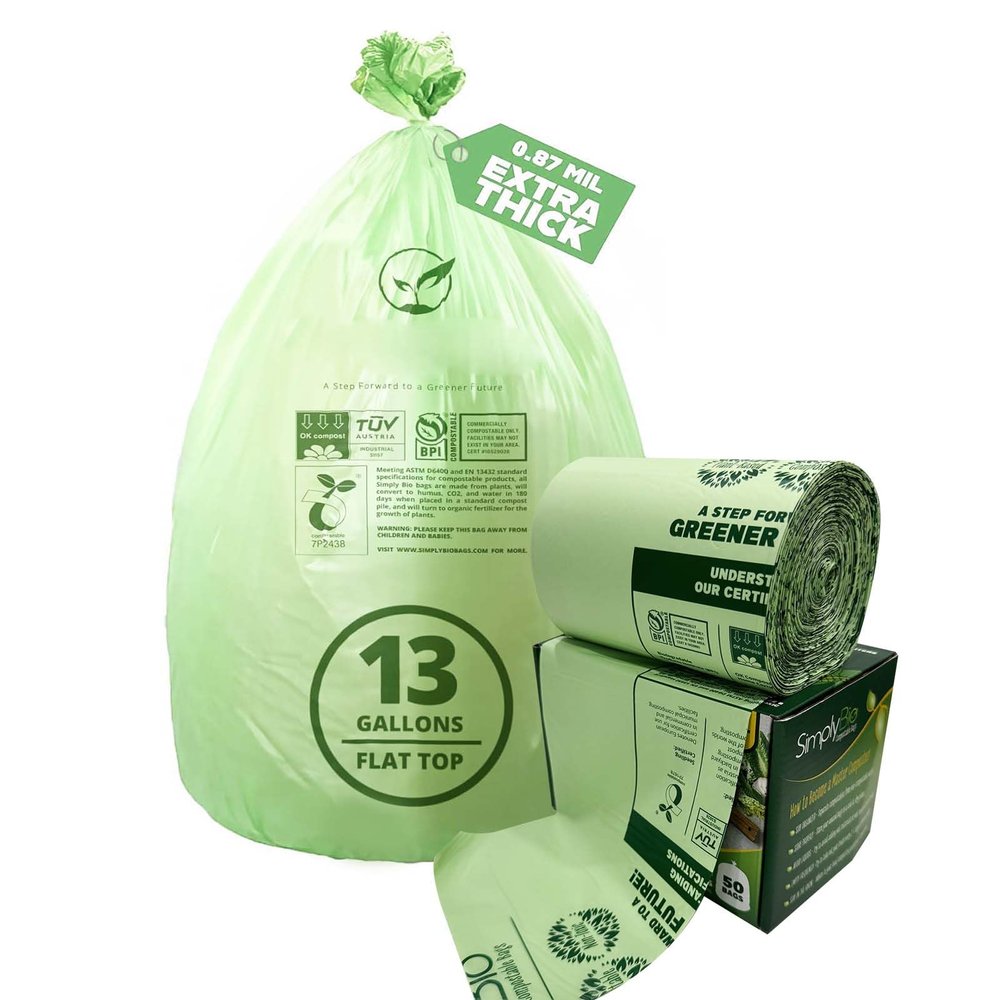 13 Gallon Compostable Trash Bags with Flat-Top, Thick 0.87 Mil, 49.21 Liter, 50 Bags, Tall Kitchen Food Scrap Waste Bag, ASTM D6400, US BPI and OK Compost Home Certified