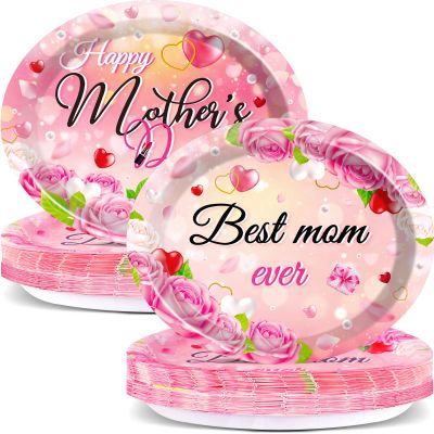 Qyeahkj 50 PCS Mother's Day Oval Paper Plates - Large 11' Disposable Party Decorations - Best Mom Ever Supplies - Favor for Happy Mother's Day Party Tableware Set
