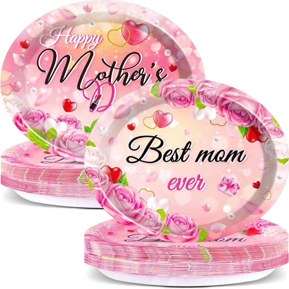 Qyeahkj 50 PCS Mother's Day Oval Paper Plates - Large 11' Disposable Party Decorations - Best Mom Ever Supplies - Favor for Happy Mother's Day Party Tableware Set