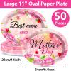 Qyeahkj 50 PCS Mother's Day Oval Paper Plates - Large 11' Disposable Party Decorations - Best Mom Ever Supplies - Favor for Happy Mother's Day Party Tableware Set view 2