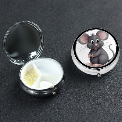 Pill Case Round Pill Box 3 Compartment Pill Organizer Grey Rat Small Pill Case Waterproof Medicine Organizer Box for Travel Pill Containers Vitamin Organizer for Medication Planner